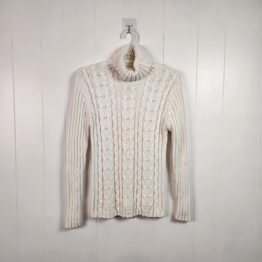 Vintage 90s White Turtleneck Cable Knit Long Sleeve Sweater 1990s Cotton Preppy - Picture 1 of 9